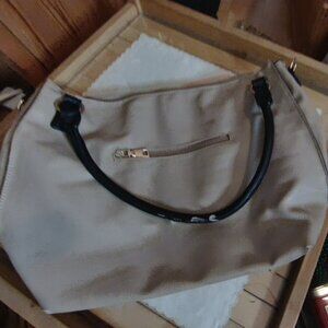 Ella Milano Beige Hobo Shoulder Bag with Black Contrast Handles